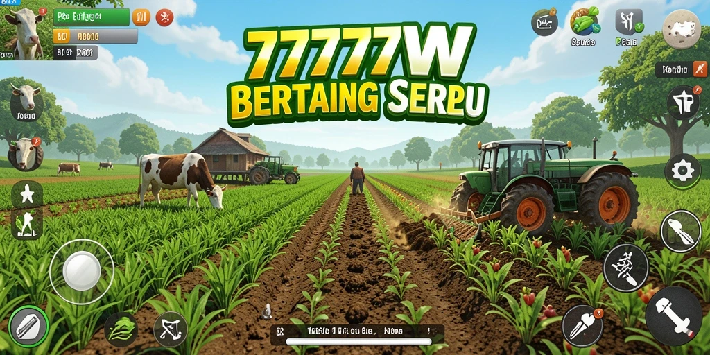 Tampilan screenshot utama 7777W menampilkan gameplay bertani yang menarik.