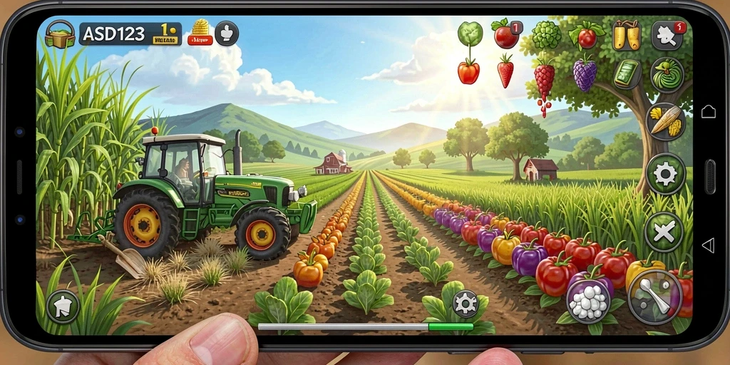 Screenshot gameplay ASD123 menunjukkan panorama ladang yang subur.