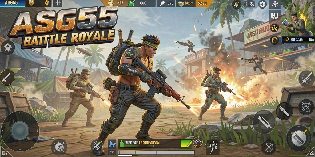 Screenshot utama dari gameplay seru ASG55 dengan suasana pertempuran intens.