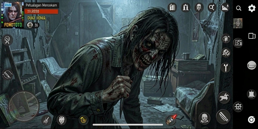 Tampilan gameplay yang menegangkan dalam suasana horror FOMOTOTO.