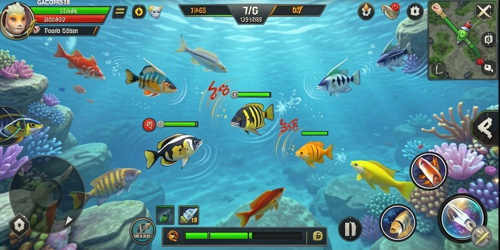 Screenshot menampilkan gameplay menembak ikan yang seru dan menantang.