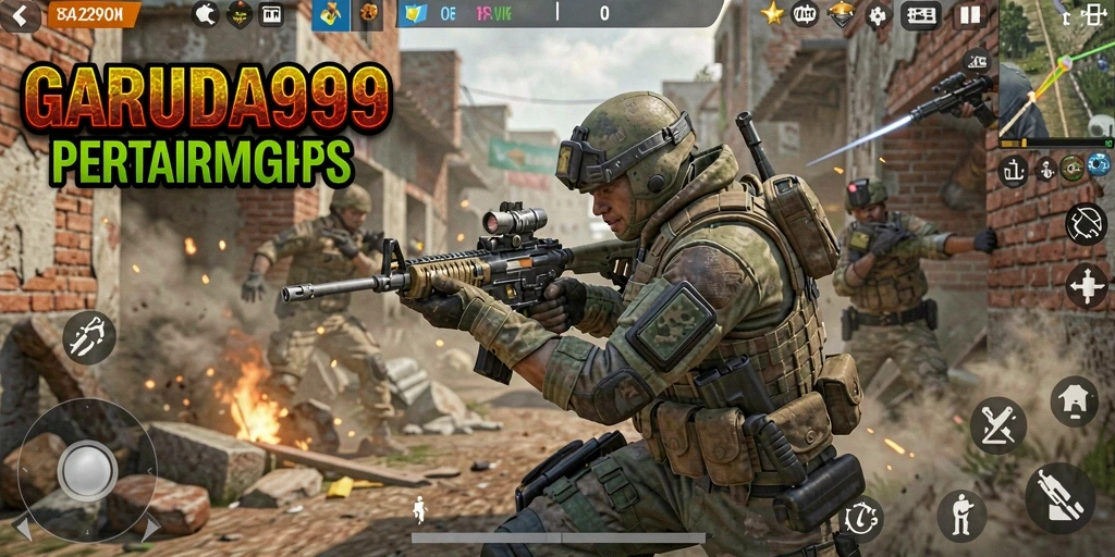 Tampilan gameplay intens dari GARUDA999 dengan aksi FPS yang menegangkan.