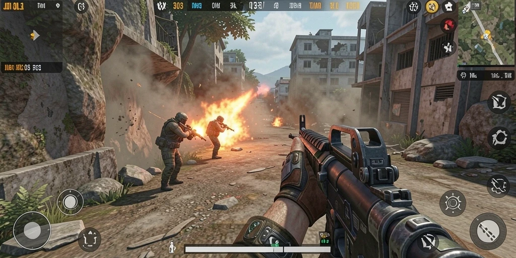 Screenshot gameplay JUDOL303 dengan aksi tembak-menembak yang intens dan grafis menawan.