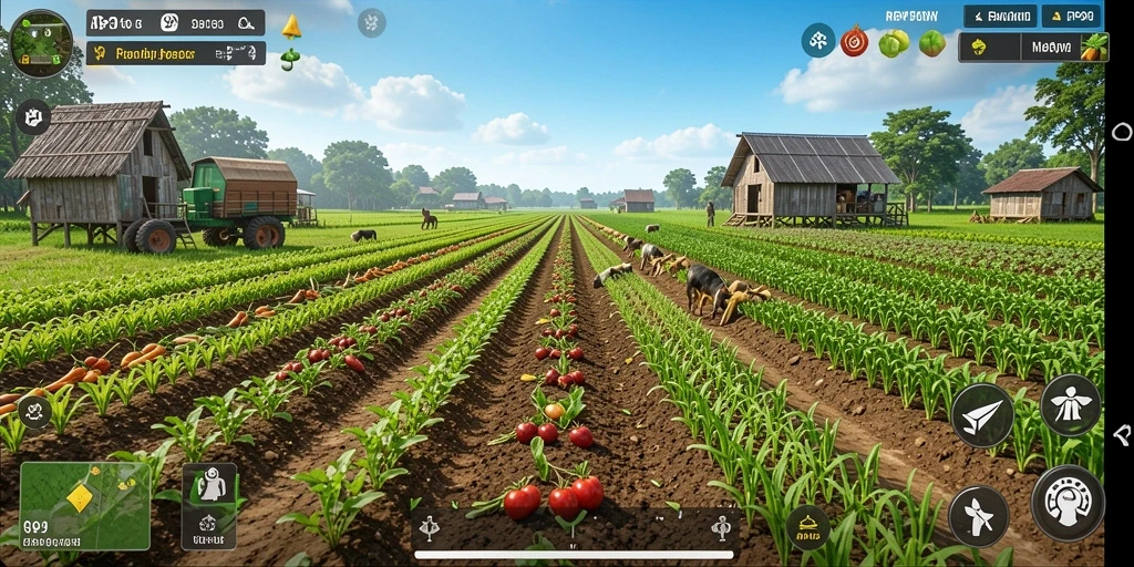Screenshot RP99 menampilkan tampilan indah kebun dan aktivitas pertanian.