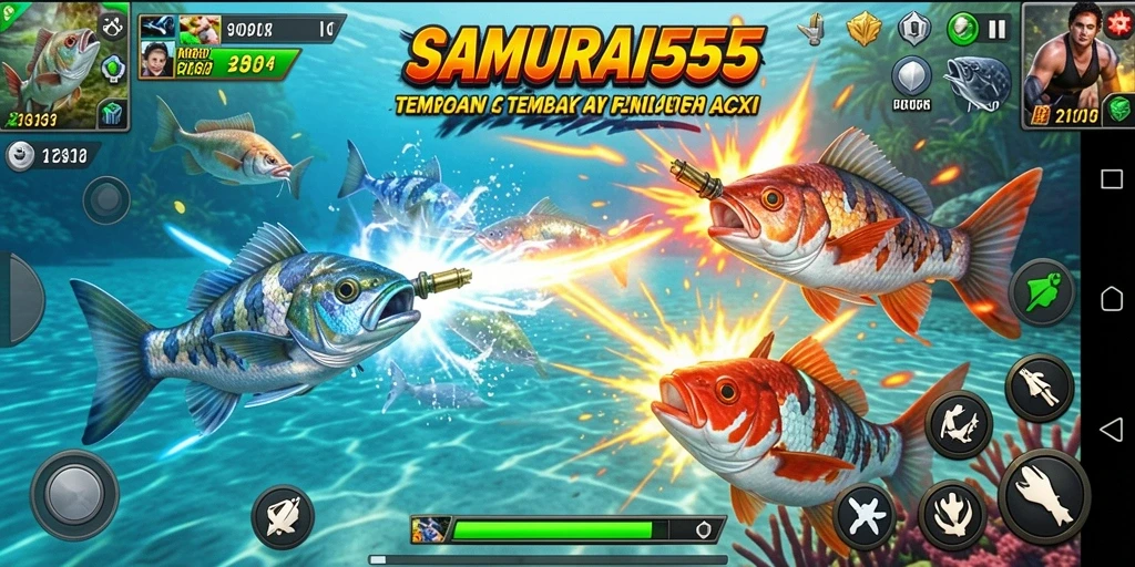 Screenshot gameplay SAMURAI555 menampilkan aksi menangkap ikan yang seru.